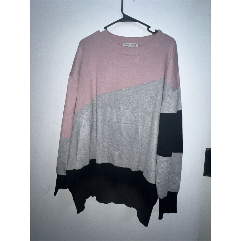 Poppy & Whimsy Womens Colorblock Pullover Sweater Pink/Gray/Black 3XL Cotton/Pol